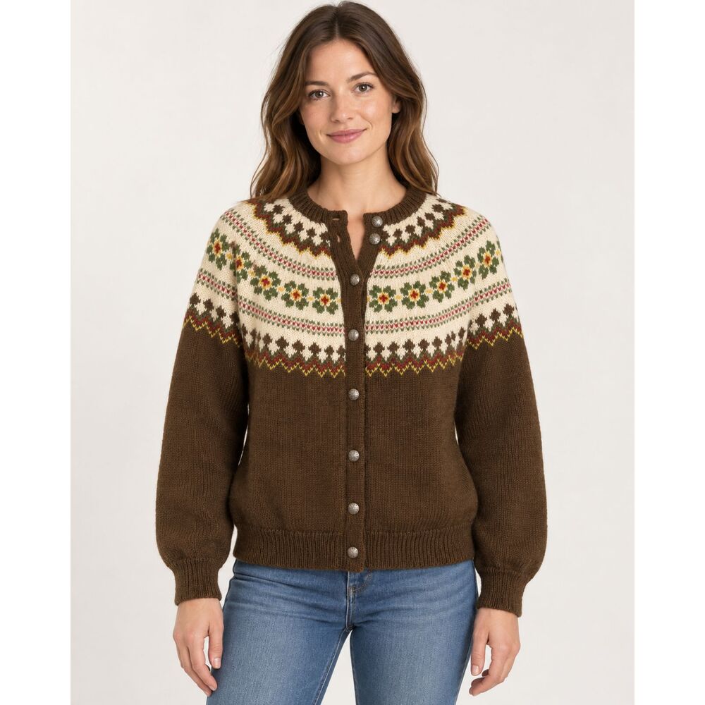 Vintage Nordic Fair Isle Cardigan Brown Cream Floral Metal Buttons Wool Feel S M